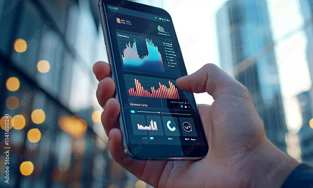 Smartphone displaying data analytics and graphs. Smartphone displaying data analytics and graphs.