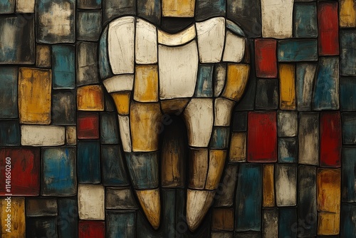 An artistic representation of a tooth against a colorful mosaic background, blending textures and tones for a modern aesthetic.
