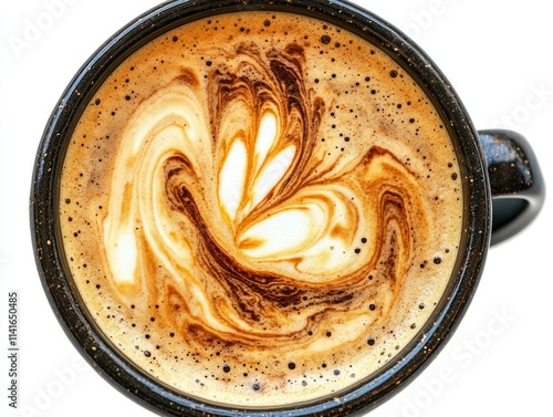 A top-down view of a coffee cup with intricate milk froth patterns.
