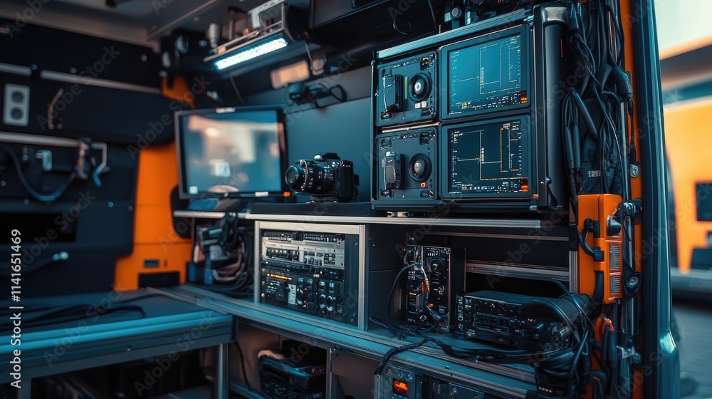 A detailed shot of broadcasting equipment inside an outside broadcasting van, featuring cameras, screens, and technical gear for TV production. A detailed shot of broadcasting equipment inside an outside broadcasting van, featuring cameras, screens, and technical gear for TV production.
