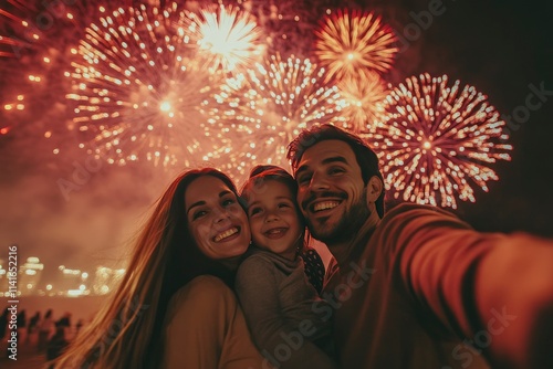 A family takes a selfie against the background of fireworks.