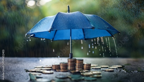 Wallpaper Mural Nature's Shield: A Blue Umbrella Safeguarding Coins, Representing Financial Stability and Protection Torontodigital.ca