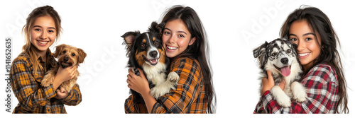 Set of girl in a plaid shirt holding a dog and smiling isolated on a transparent background