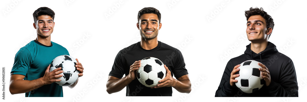 Set of man in a sports cloth holding a soccer ball and smiling isolated on a transparent background Set of man in a sports cloth holding a soccer ball and smiling isolated on a transparent background