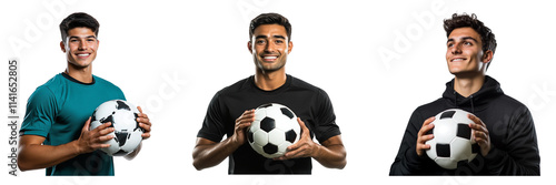 Set of man in a sports cloth holding a soccer ball and smiling isolated on a transparent background