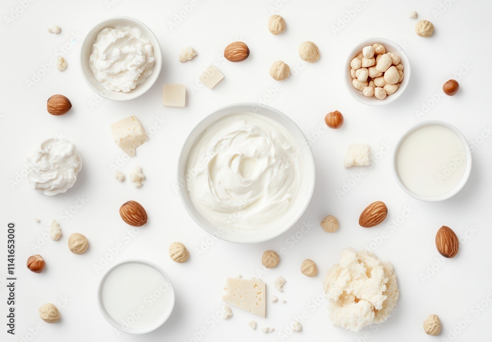 Variety of Dairy and Nut Products Arranged on a White Background Including Creams, Milk, Nuts, and Plant-Based Ingredients for Healthy Eating Concepts Variety of Dairy and Nut Products Arranged on a White Background Including Creams, Milk, Nuts, and Plant-Based Ingredients for Healthy Eating Concepts