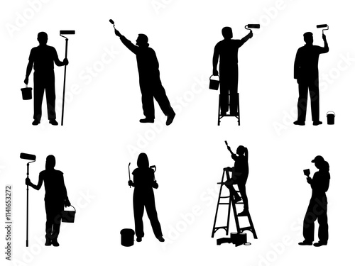 Set of House Painter Silhouette in various poses isolated on white background