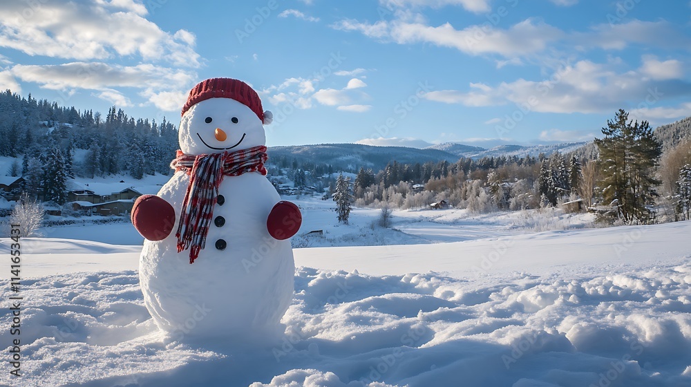 Obraz premium Snowman with a scarf and red mittens standing against a snow-covered landscape 