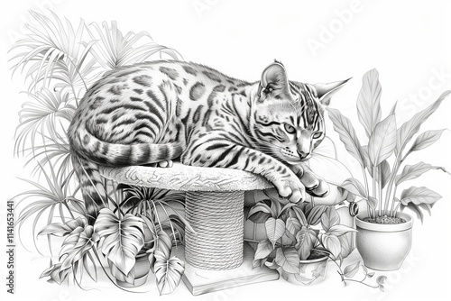 Wallpaper Mural A detailed illustration of a Bengal cat lounging amidst lush greenery. Torontodigital.ca