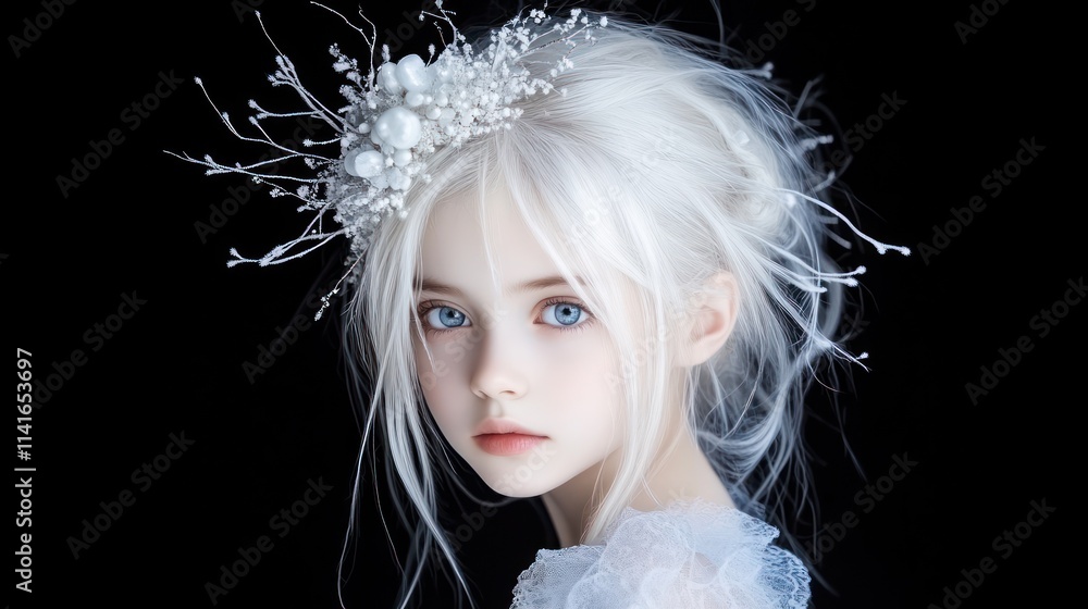 Portrait of a young girl with delicate features and floral adornment. Portrait of a young girl with delicate features and floral adornment.