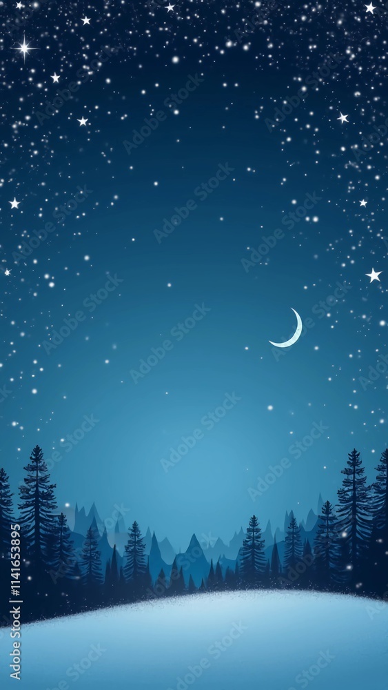 Naklejka premium A deep blue gradient resembling a winter night sky with twinkling stars, a crescent moon