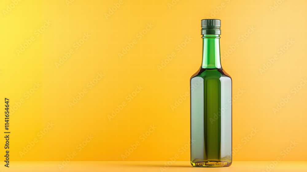 green glass bottle of olive oil stands against vibrant yellow background, showcasing its sleek design and rich color. This captures essence of culinary elegance and freshness green glass bottle of olive oil stands against vibrant yellow background, showcasing its sleek design and rich color. This captures essence of culinary elegance and freshness