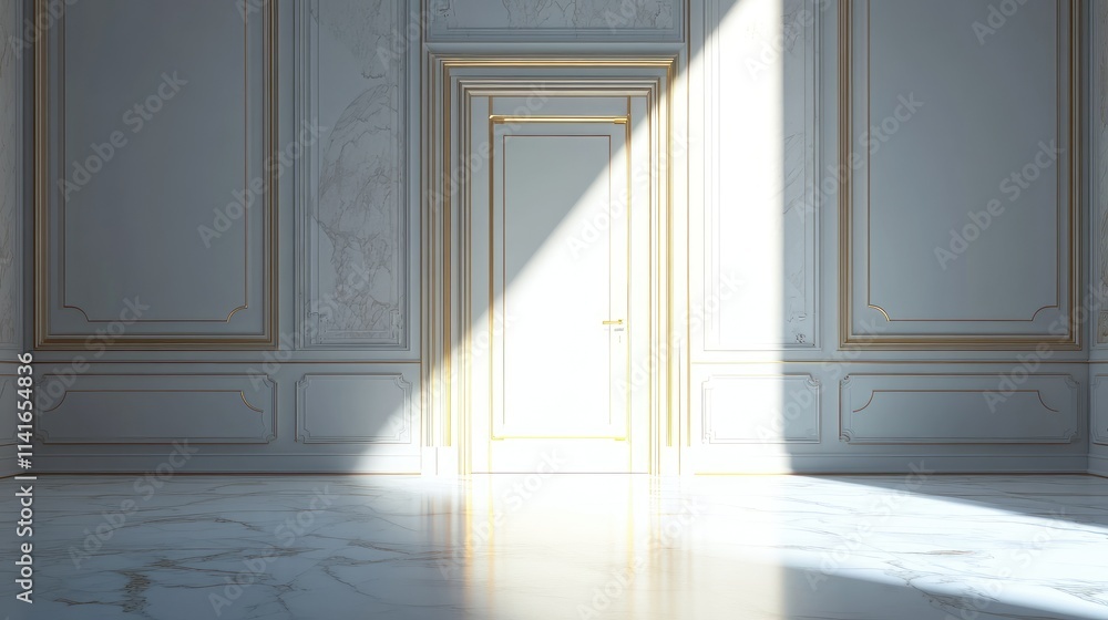 A glowing light from an open door, illuminating an empty room with pristine white marble floors and gold-trimmed walls. Perfect for high-end product or architectural promotions. A glowing light from an open door, illuminating an empty room with pristine white marble floors and gold-trimmed walls. Perfect for high-end product or architectural promotions.
