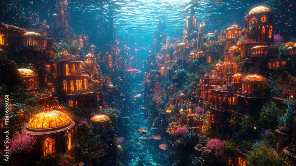 Submerged city, glowing buildings, aquatic plants. Submerged city, glowing buildings, aquatic plants.