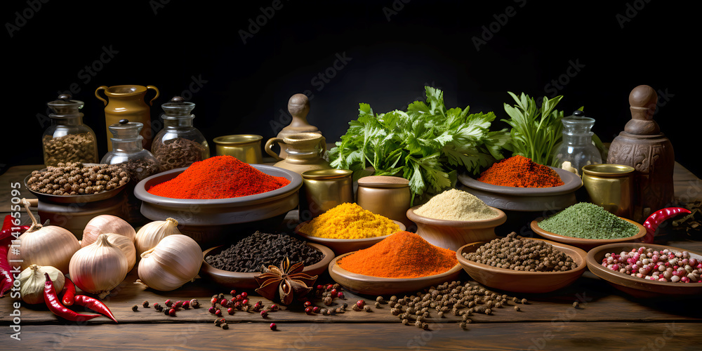 Fototapeta premium Photography of Composition With Different Mixed Spices and Herbs in Bowl on Wooden Table. For Branding, Food Blogs, Recipes, Packaging, E-commerce, Cookbooks, Ads, Social Media, Spice Branding