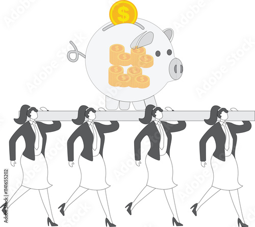 Four businesswomen holding huge piggy bank together, concept of business or financial savings, saving money, managing money and financial analysis