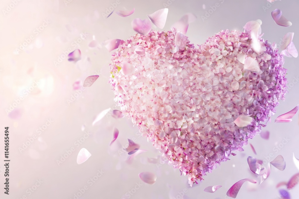 Obraz premium Glowing Pastel Pink Heart Made of Tiny Flowers with Falling Petals for Romantic Decor