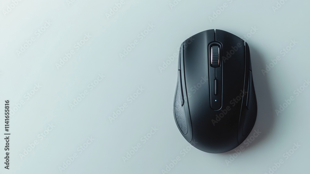 A high-resolution image of a black wireless mouse on a white background, ideal for tech product catalogs or e-commerce listings. A high-resolution image of a black wireless mouse on a white background, ideal for tech product catalogs or e-commerce listings.