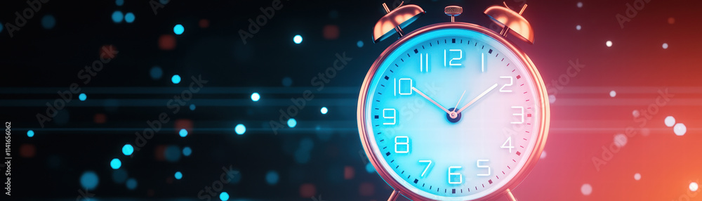 digital clock glowing blue on dark background, surrounded by vibrant lights, creates futuristic atmosphere. clock design is sleek and modern, emphasizing time passage digital clock glowing blue on dark background, surrounded by vibrant lights, creates futuristic atmosphere. clock design is sleek and modern, emphasizing time passage