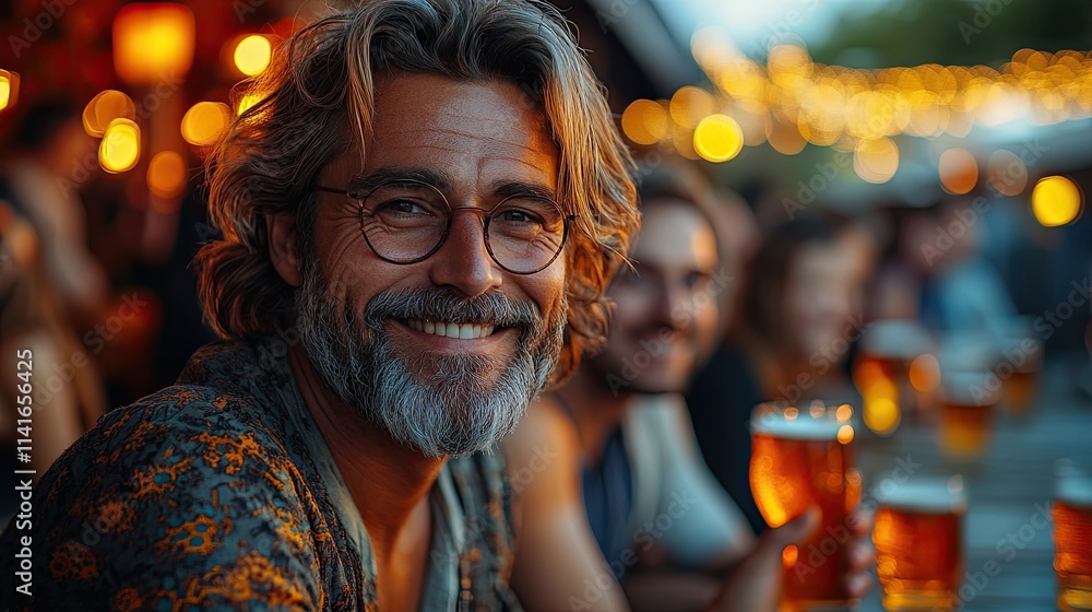 A man smiles while holding a beer at an outdoor bar with friends. A man smiles while holding a beer at an outdoor bar with friends.