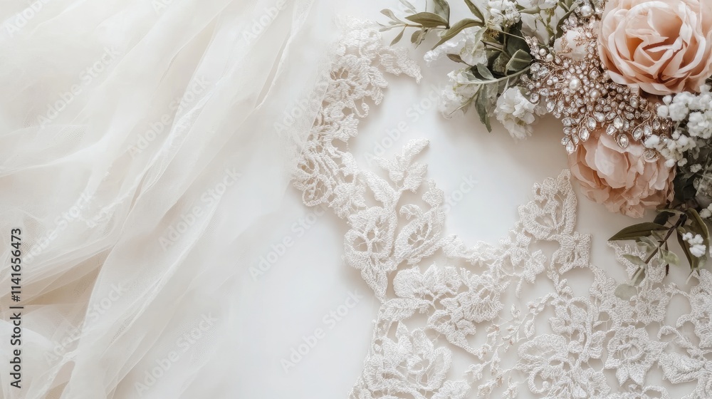 A lace wedding dress and stunning hair accessory placed on a pristine white surface, symbolizing elegance and beauty. Ideal for bridal or luxury fashion ads. A lace wedding dress and stunning hair accessory placed on a pristine white surface, symbolizing elegance and beauty. Ideal for bridal or luxury fashion ads.
