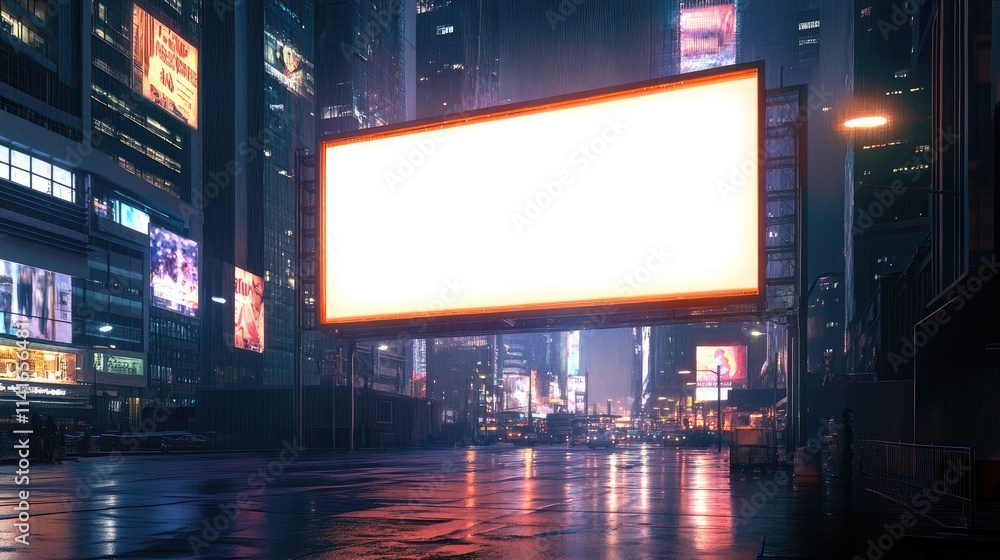 A large, empty billboard in the heart of a bustling city at night, ready for horizontal advertising, with glowing city lights and a vibrant urban backdrop. A large, empty billboard in the heart of a bustling city at night, ready for horizontal advertising, with glowing city lights and a vibrant urban backdrop.