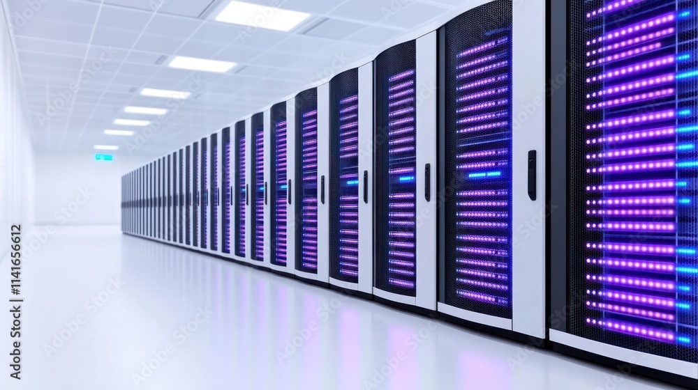 A modern data center with illuminated server racks. A modern data center with illuminated server racks.