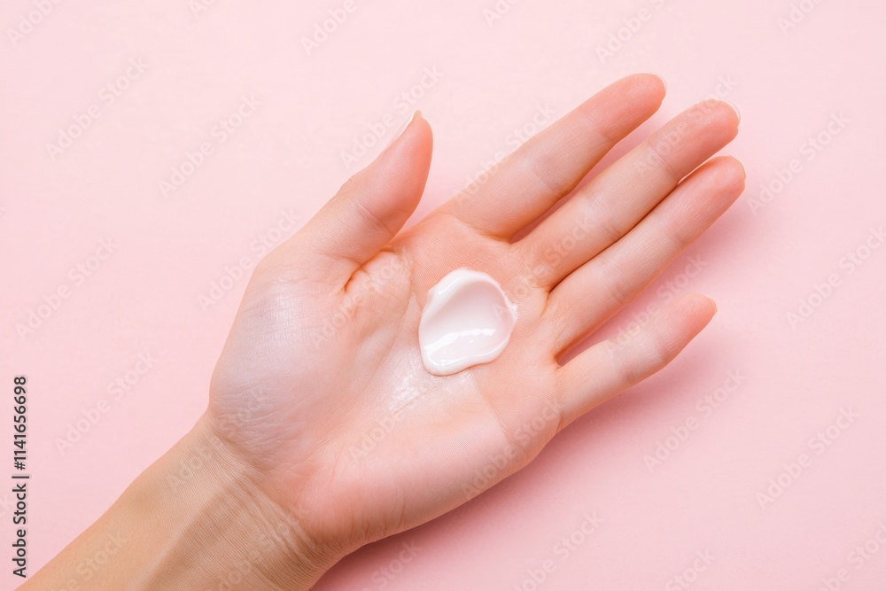 Minimalist Skincare Concept: Hand with Moisturizing Cream on Pastel Background Minimalist Skincare Concept: Hand with Moisturizing Cream on Pastel Background