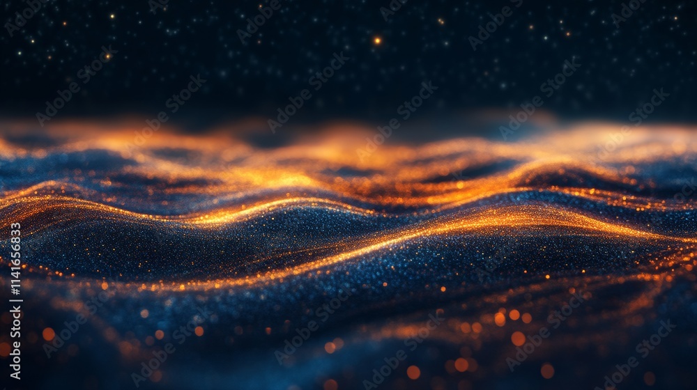 Golden sparkles on undulating dark background Golden sparkles on undulating dark background