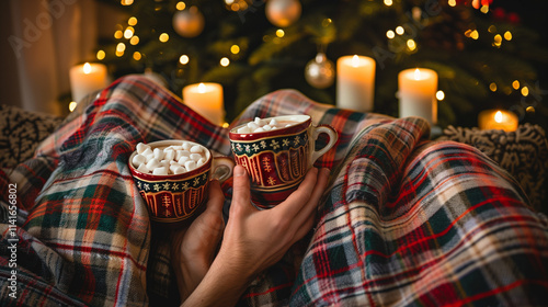 A romantic moment between a couple enjoying Christmas Eve at home, covered with a plaid blanket.