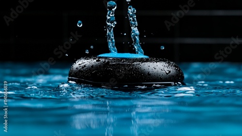 Water Droplets Splashing on Waterproof Speaker: A close-up of a sleek, black waterproof speaker submerged in a pool of shimmering blue water. The speaker emits a vibrant blue light. photo