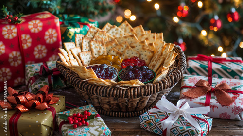 A rustic wooden table adorned with a festive food basket containing a mix of gourmet items like crackers, jams, and a small fruitcake.