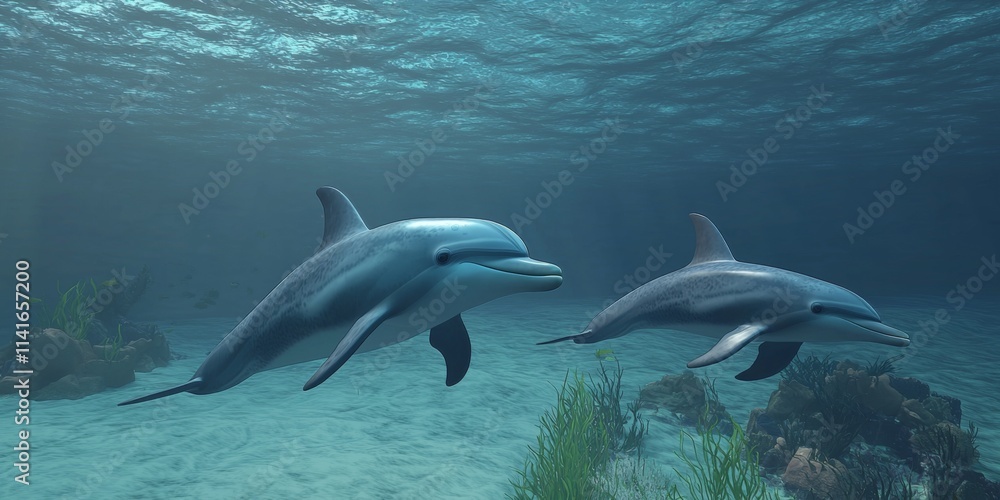 Fototapeta premium Two Playful Dolphins Swimming Gracefully Underwater Surrounded by Vibrant Coral Reef and Undersea Vegetation