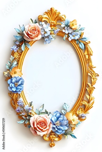 Ornate golden frame adorned with colorful flowers, designed for displaying photos.