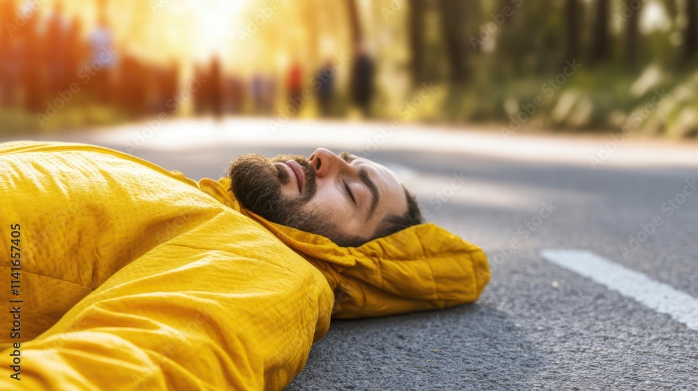 A man in a yellow jacket lies on the road, surrounded by nature and blurred figures of people in the background, capturing a serene moment of relaxation and peace. A man in a yellow jacket lies on the road, surrounded by nature and blurred figures of people in the background, capturing a serene moment of relaxation and peace.