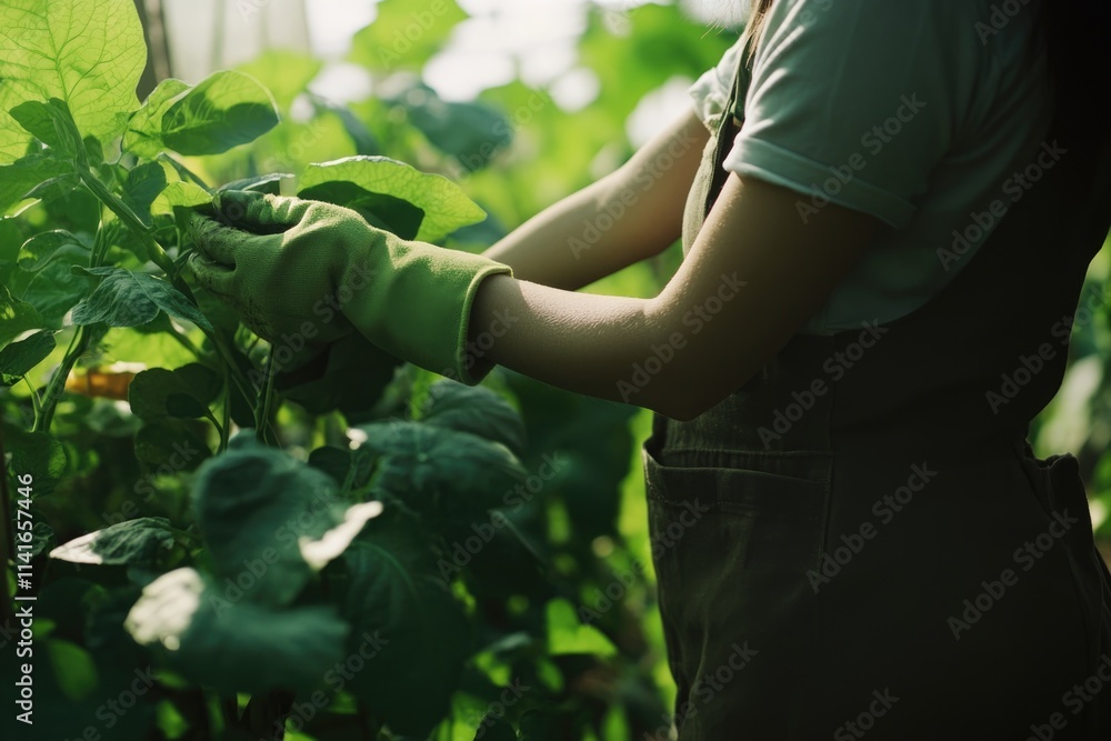 Fototapeta premium Minimalist Photography Depicting a Woman Farmer Tending to Plants in a Lush Green Garden