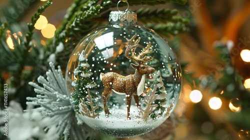 A sparkling Christmas bauble featuring a detailed reindeer inside, surrounded by a snowy winter scene with tiny pine trees and glistening snowflakes.