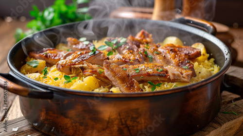 A steaming food pot filled with golden grated potatoes topped with crispy, perfectly fried pork slices, garnished with fresh herbs.