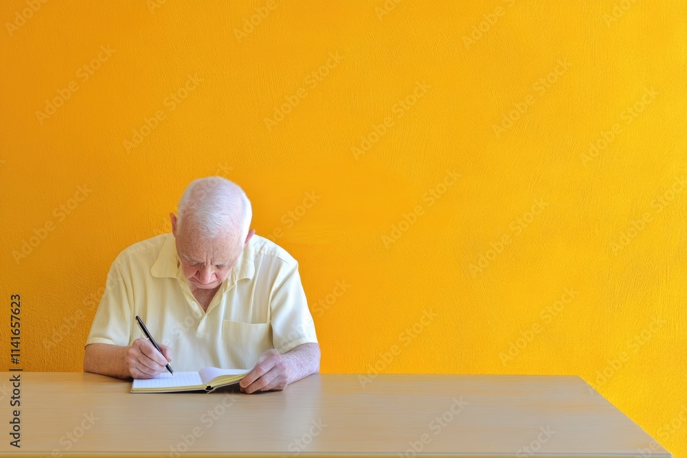 Minimalist Photography of Elderly Man Writing in Notebook Against Vibrant Yellow Background Minimalist Photography of Elderly Man Writing in Notebook Against Vibrant Yellow Background