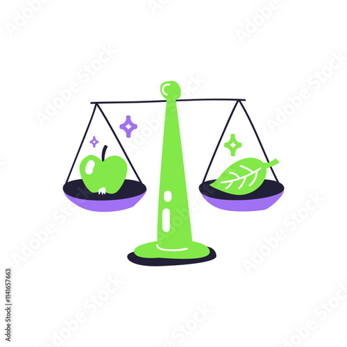 Balanced scale with apple and leaf, symbolizing healthy choices.