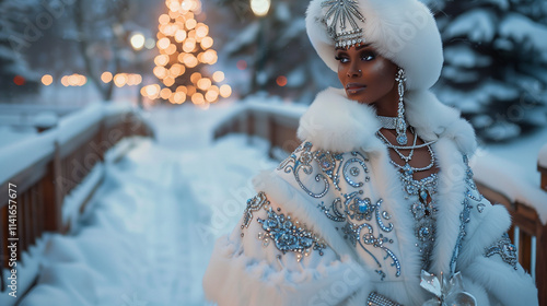 A stunning woman dressed in a luxurious white fur coat embroidered with silver and azure designs, wearing elegant jewellery and a white fur hat.