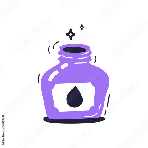 Purple ink bottle with droplet symbol, symbolizing creativity and expression.