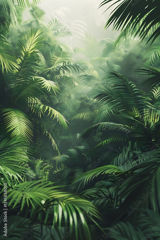Naklejka premium Lush green tropical jungle foliage with mist.