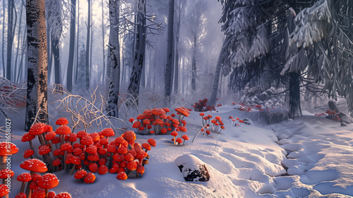 A tranquil New Year’s forest, partially blanketed in snow, with clusters of vibrant red mushrooms creating an eye-catching contrast.