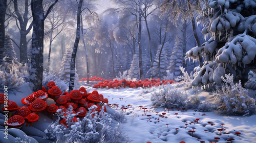 A tranquil New Year’s forest, partially blanketed in snow, with clusters of vibrant red mushrooms creating an eye-catching contrast.