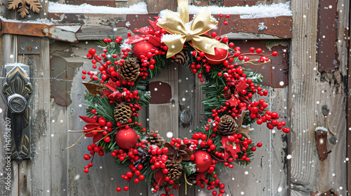A vibrant red Christmas wreath hanging on a rustic door, adorned with red berries, pinecones, and a golden bow.