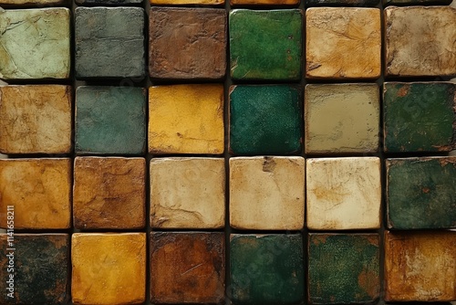 A vibrant arrangement of textured tiles in earthy greens and yellows, showcasing a rustic and artistic design.