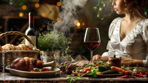 A warm and inviting autumn scene: an elegant lady sits at a luxurious table adorned with a steaming pork knuckle dish, roasted vegetables, and a glass of red wine.