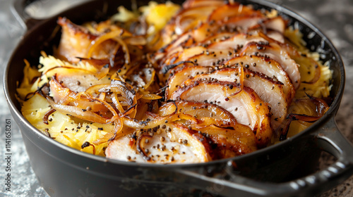 A visually enticing food pot containing layers of grated potatoes and perfectly seared fried pork slices, topped with caramelized onions and freshly ground black pepper.