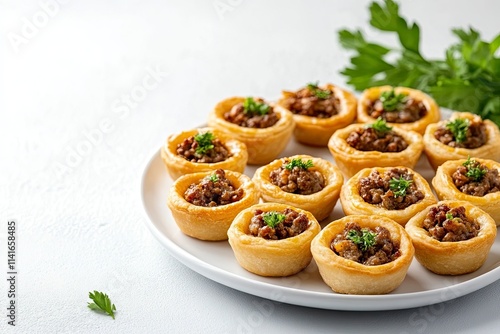 Traditional Australian Mini meat pies from shortbread dough on a light gray background